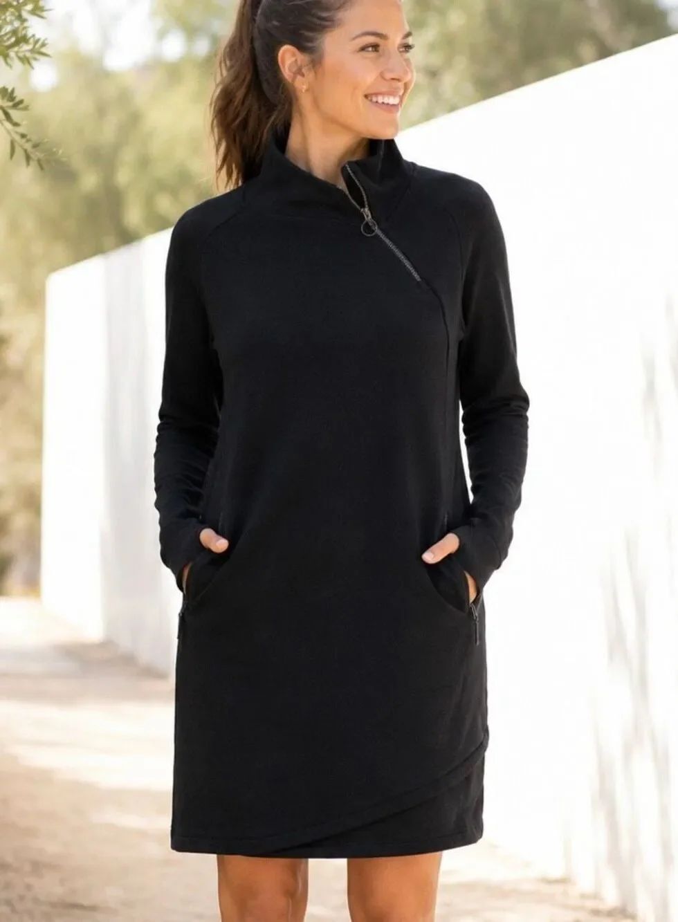 Athleta Cozy Karma Asym Sweatshirt Dress Black Mock Neck Zip Pockets Medium